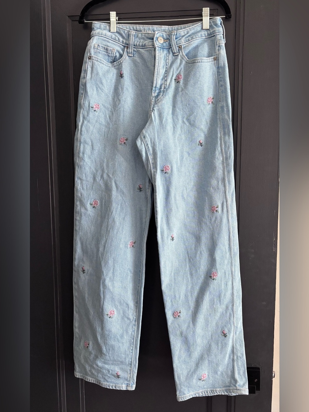 Old Navy Light Blue Straight-Leg Jeans with Pink Floral Embroidery
